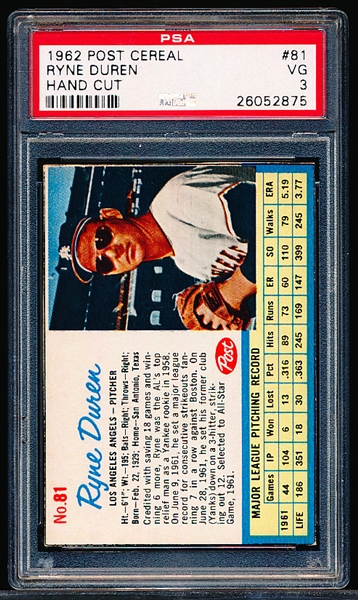 1962 Post Cereal Bb- #81 Ryne Duren, Angels- PSA Vg 3 (Hand Cut)