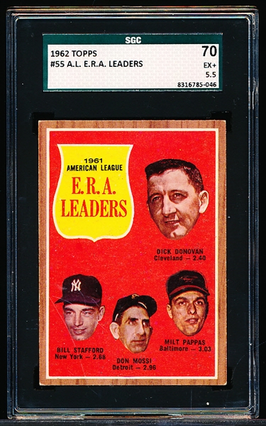1962 Topps Baseball- #55 AL ERA Leaders- SGC 70 (Ex+ 5.5)