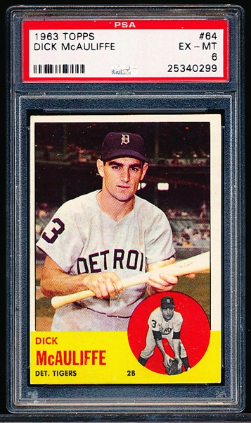 1963 Topps Baseball- #64 Dick McAuliffe, Tigers- PSA Ex-Mt 6
