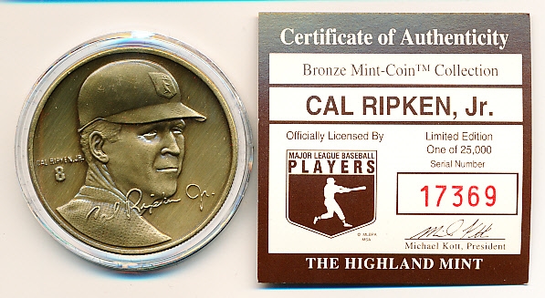 1990’s Highland Mint Bsbl. Bronze Medallion Coin- Cal Ripken, Jr.