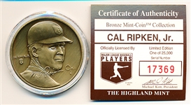 1990’s Highland Mint Bsbl. Bronze Medallion Coin- Cal Ripken, Jr.