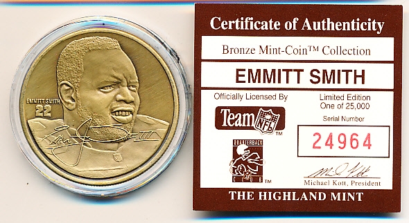 1990’s Highland Mint Ftbl. Bronze Medallion Coin- Emmitt Smith