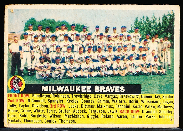 1956 Topps Bb- #95 Milwaukee Braves Team- Gray Back- Name Centered