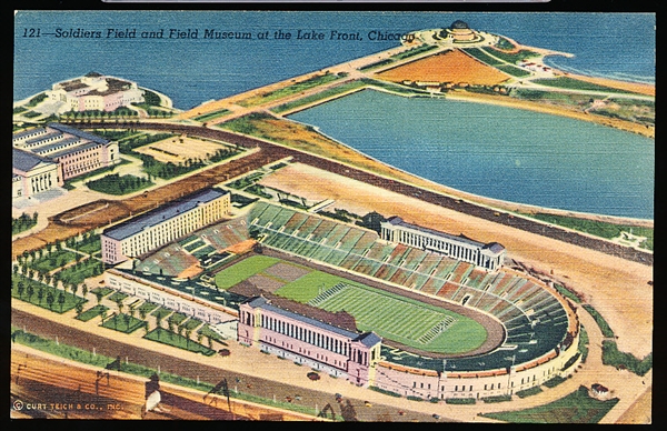 Curteich “1B-H2446, 121 Soldiers Field and Field Museum at the Lake Front, Chicago” Linen Postcard
