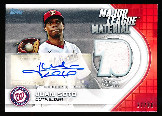 2021 Topps Bb- “Autographed Major League Material”- #MLMA-JS Juan Soto, Nationals- #27/30