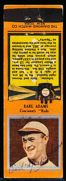 Autographed 1934 Diamond Matchbooks Bsbl.- Earl “Sparky” Adams, Reds- Orange Border