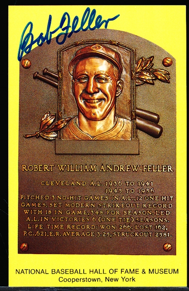Autographed BB HOF Gold Plaque Postcard- Bob Feller