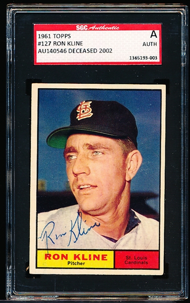 1961 Topps Baseball Autographed Card- #127 Ron Kline, Cardinals- SGC Authentic