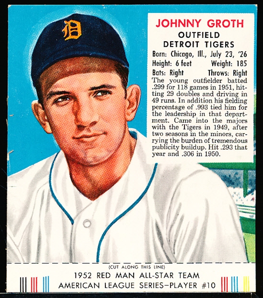 1952 Red Man Tobacco Bb with Tab- AL #10 Johnny Growth, Tigers