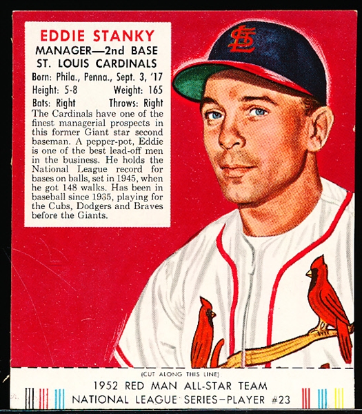 1952 Red Man Tobacco Bb with Tab- NL #23 Eddie Stanky, Cardinals
