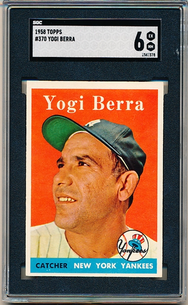 1958 Topps Bb- #370 Yogi Berra, Yankees- SGC 6 (Ex-Mt)