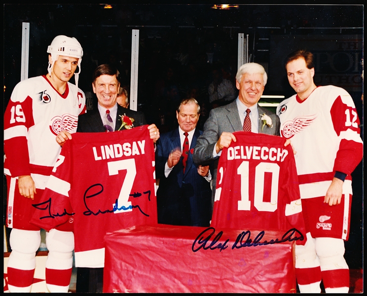 Autographed Ted Lindsay & Alex Delvecchio 10” x 8” 11/10/91 Jersey Retirement Photo