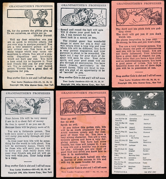 1944 Mike Munves Corp. “Grandmother’s Prophesies” 2-1/2” x 4-1/16” Fortune/ Astrological Cards- 10 Diff.