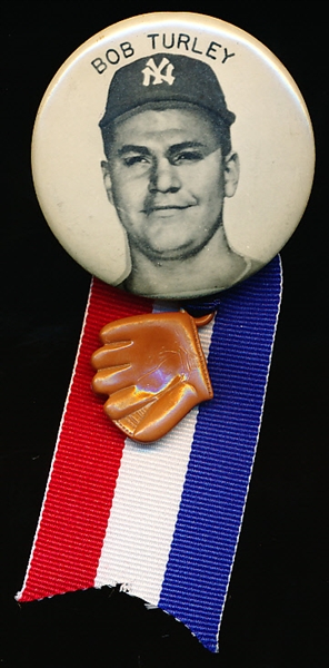 1950’s/60’s Bob Turley Stadium Pin with Small Glove and Red/ White/ Blue Ribbon- New York Yankee