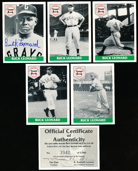 1992 Front Row All-Time Greats Buck Leonard Set of 5 with Autographed #1 Card! Set #3940/5,000