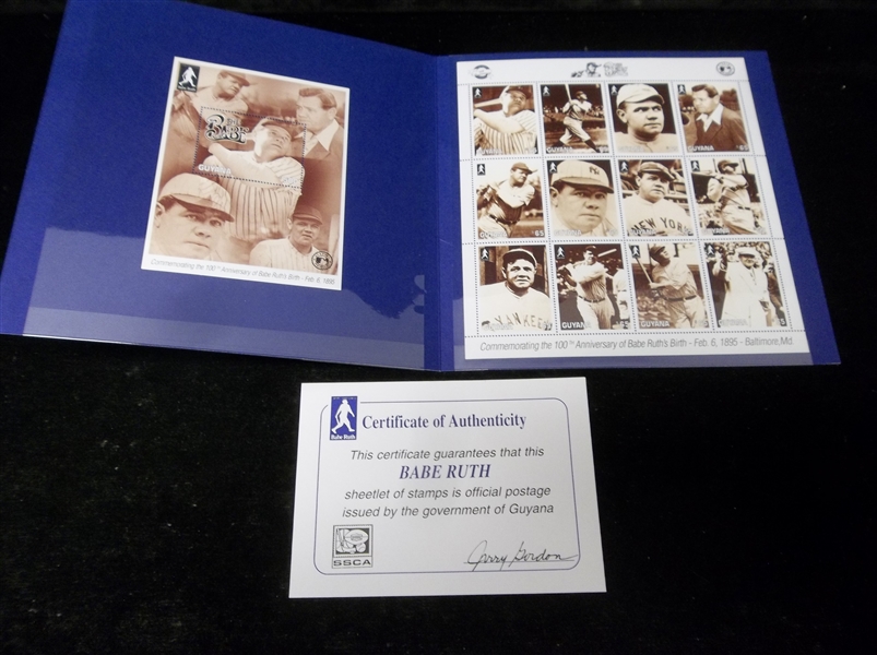 1994 SSCA Babe Ruth 100th Anniversary Guyana Stamp Perforated 12-Stamp Panel Plus a $500Ruth Stamp