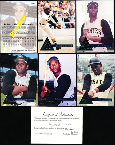 1994 The Trading Card Co. Roberto Clemente “Summit Collection” Complete Set of 5 with Promo Card! Set #2945 of 17,500