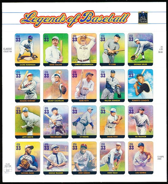 2000 USPS Legends of Baseball $0.33 Stamps- 1 Complete Set of 20 Diff. Players
