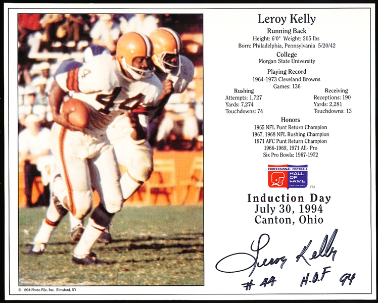 Autographed Leroy Kelly Cleveland Browns “Induction Day” NFL Pro FB HOF Color 8” x 10” Photo/Bio
