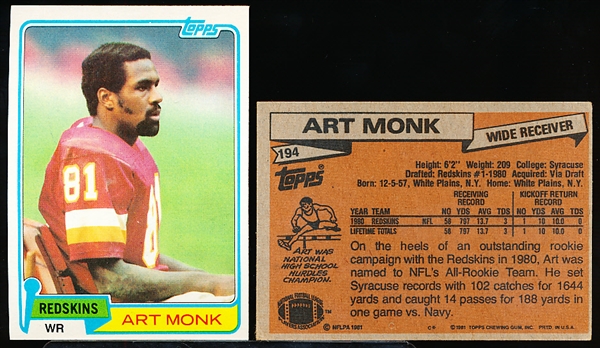 1981 Topps Fb- #194 Art Monk RC- 6 Cards