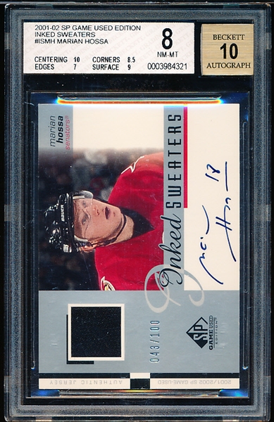 2001-02 SP Game Used Ed. Hockey- “Inked Sweaters”- #SMH Marian Hossa, Senators- #43/100- Beckett Graded NM-MT 8