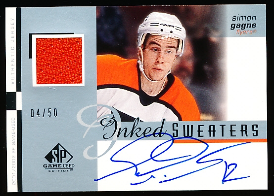 2001-02 SP Game Used Ed. Hockey- “Inked Sweaters”- #S-GA Simon Gagne, Flyers- #04/50