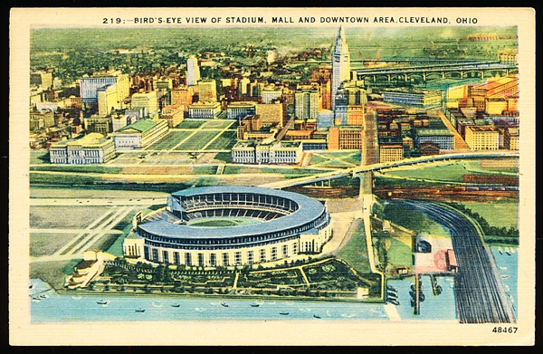 10/2/46 Postmarked Geo. R. Klein News Co. “219, 48467:- Bird’s-Eye View of Stadium… Cleveland, Ohio” Linen Postcard