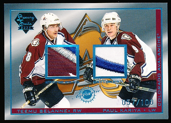 2003-04 Pacific Luxury Suite Hockey- #29 Teemu Selanne Patch/ Paul Kariya Patch, Avs- #57/100