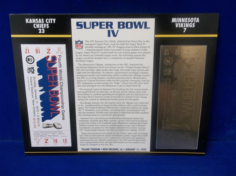 Willabee & Ward Super Bowl IV Official 22kt Gold Replica Ticket- Chiefs 23, Vikings 7