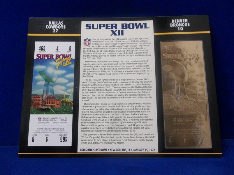 Willabee & Ward Super Bowl XII Official 22kt Gold Replica Ticket- Cowboys 27, Broncos 10