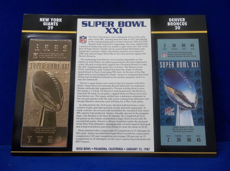 Willabee & Ward Super Bowl XXI Official 22kt Gold Replica Ticket- Giants 39, Broncos 20