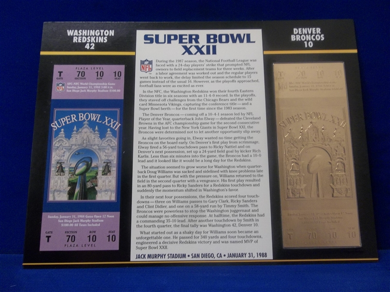 Willabee & Ward Super Bowl XXII Official 22kt Gold Replica Ticket- Redskins 42, Broncos 10