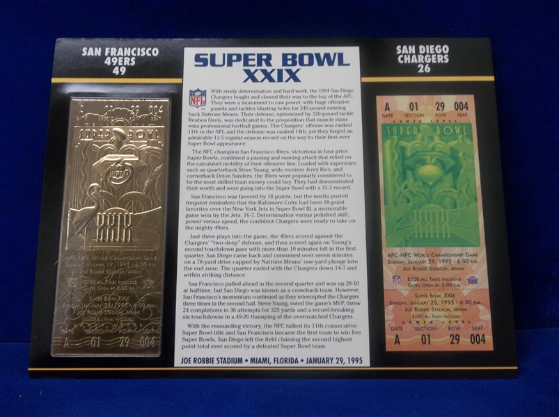 Willabee & Ward Super Bowl XXIX Official 22kt Gold Replica Ticket- 49ers 49, Chargers 26