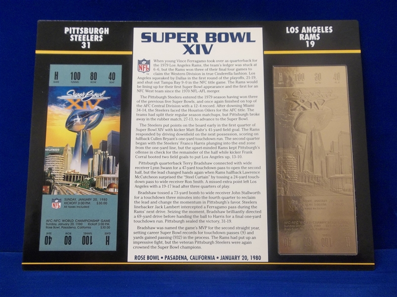 Willabee & Ward Super Bowl XIV Official 22kt Gold Replica Ticket- Steelers 31, Rams 19