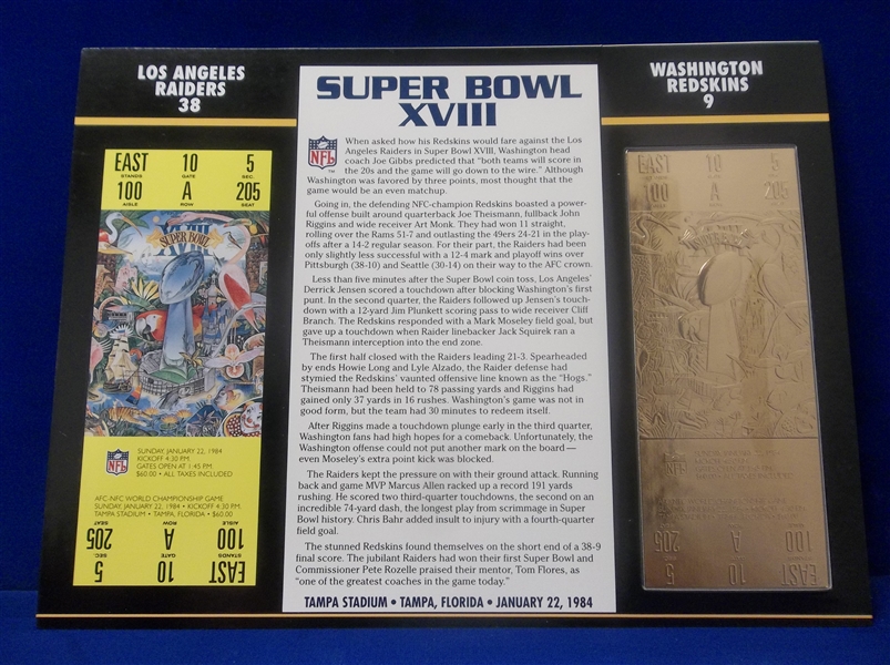 Willabee & Ward Super Bowl XVIII Official 22kt Gold Replica Ticket- Raiders 38, Redskins 9