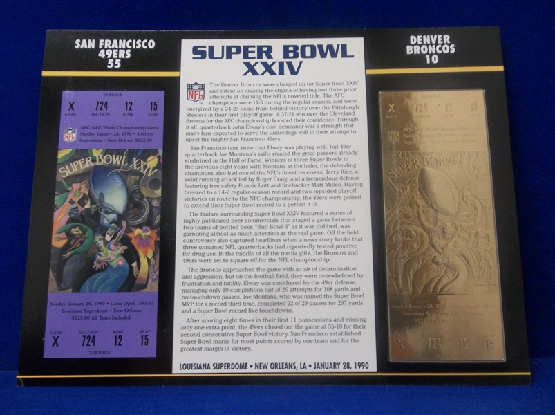 Willabee & Ward Super Bowl XXIV Official 22kt Gold Replica Ticket- 49ers 55, Broncos 10