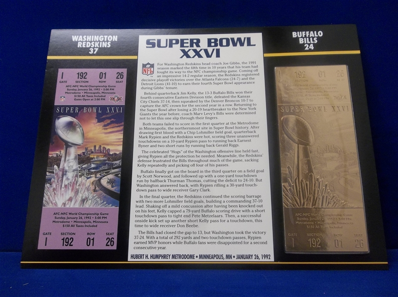 Willabee & Ward Super Bowl XXVI Official 22kt Gold Replica Ticket- Redskins 37, Bills 24