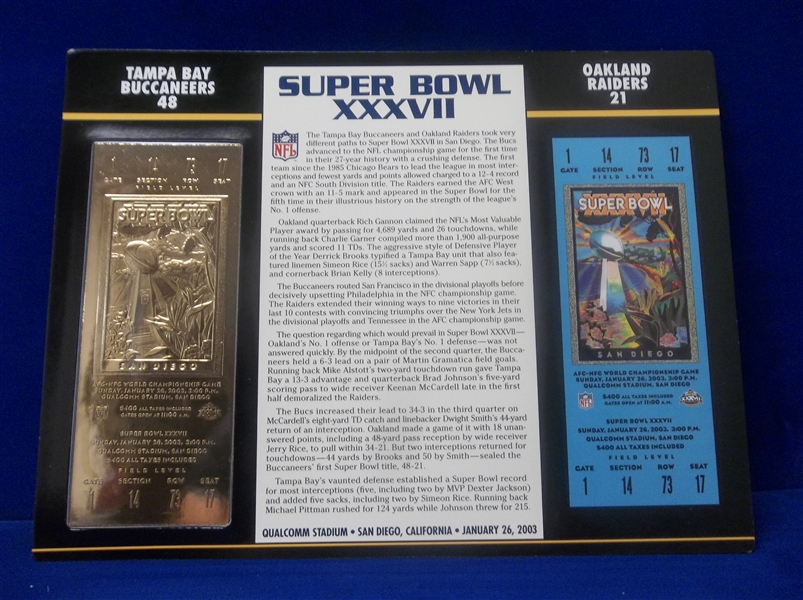 Willabee & Ward Super Bowl XXXVII Official 22kt Gold Replica Ticket- Bucs 48, Raiders 21