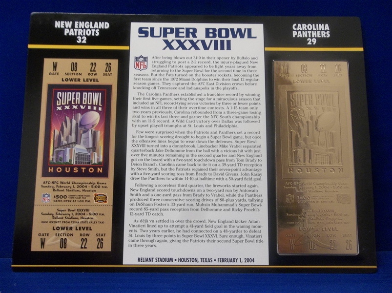 Willabee & Ward Super Bowl XXXVIII Official 22kt Gold Replica Ticket- Patriots 32, Panthers 29