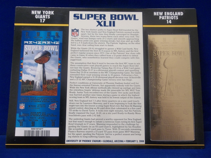 Willabee & Ward Super Bowl XLII Official 22kt Gold Replica Ticket- Giants 17, Patriots 14