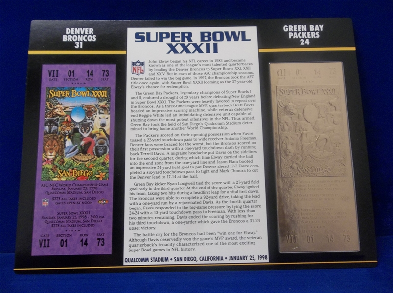 Willabee & Ward Super Bowl XXXII Official 22kt Gold Replica Ticket- Broncos 31, Packers 24