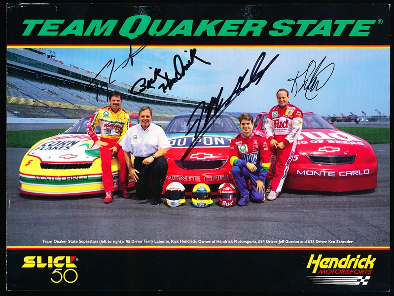 Autographed Hendrick Motorsports Team Quaker State 10” x 7-3/8” Pit Card- Signed by Terry Labonte, Rick Hendrick (owner), Jeff Gordon, & Ken Schrader