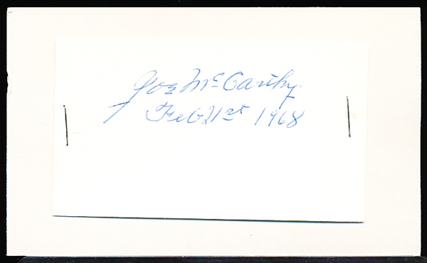 Autographed Joe McCarthy MLB Cut Signature Stapled to an Index Card