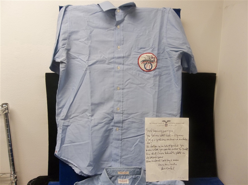 1974? Bill Kunkel Game-Worn American League Hathaway Durable Press Umpire Shirt with Letter Signed by Kunkel