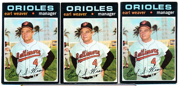 1971 Topps Bb- #477 Earl Weaver, Orioles- 3 Cards