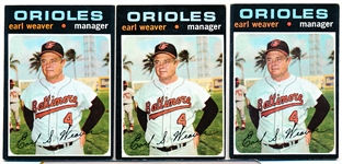 1971 Topps Bb- #477 Earl Weaver, Orioles- 3 Cards