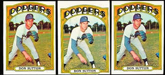 1972 Topps Bb- #530 Don Sutton, Dodgers- 3 Cards