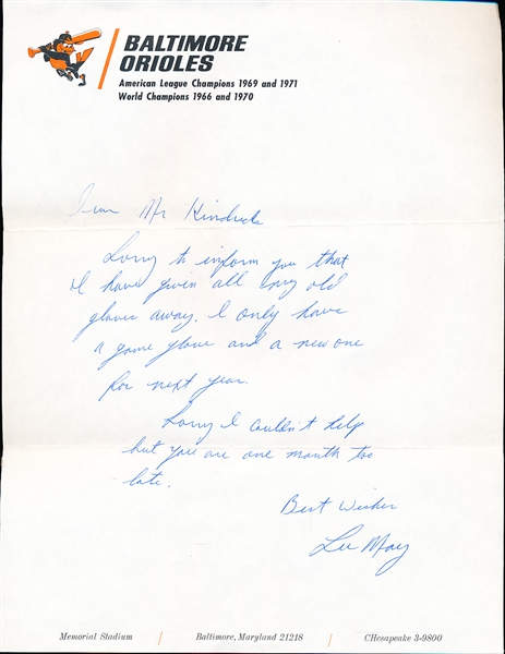 1970’s Autographed and Hand-Written Lee May Letter on Baltimore Orioles Stationary
