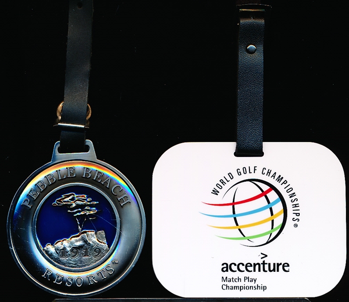 4 Asst. Golf Bag Badges- Overall NrMt, inc. 2 metal/ceramic Pebble Beach Resorts; 2 plastic Accenture Match Play Championships.
