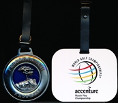 4 Asst. Golf Bag Badges- Overall NrMt, inc. 2 metal/ceramic Pebble Beach Resorts; 2 plastic Accenture Match Play Championships.